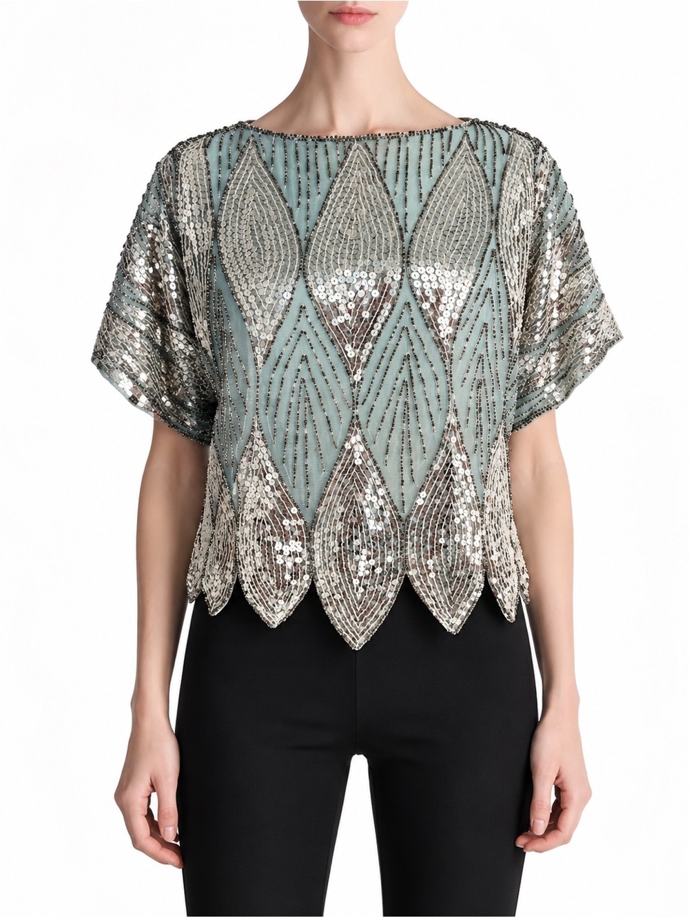 Vintage Fantasy by Liza Kane 100% Silk Beaded Sequin Art Deco Top Size S